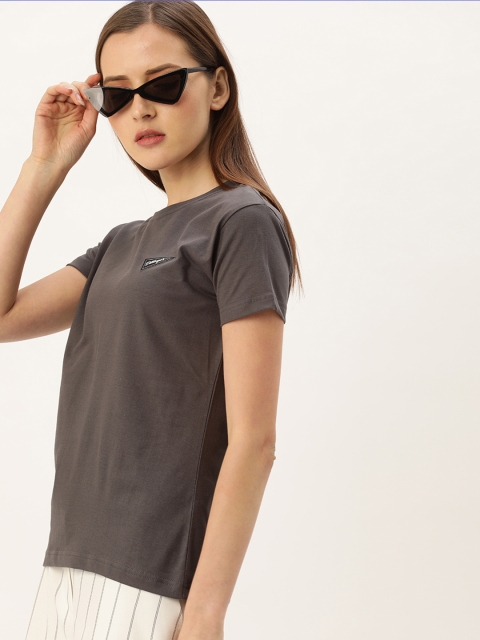 

DILLINGER Women Grey Solid Round Neck Pure Cotton T-shirt
