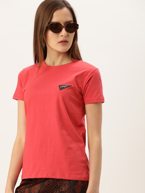 

DILLINGER Women Coral Red Solid Round Neck Pure Cotton T-shirt