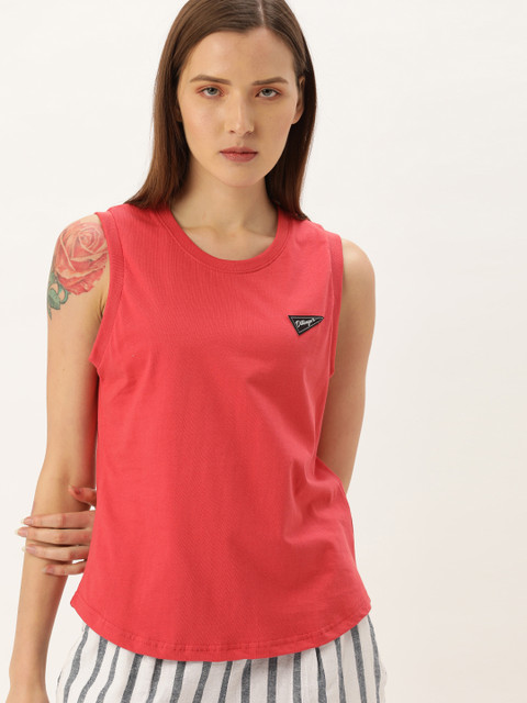 

DILLINGER Women Coral Red Solid Round Neck T-shirt