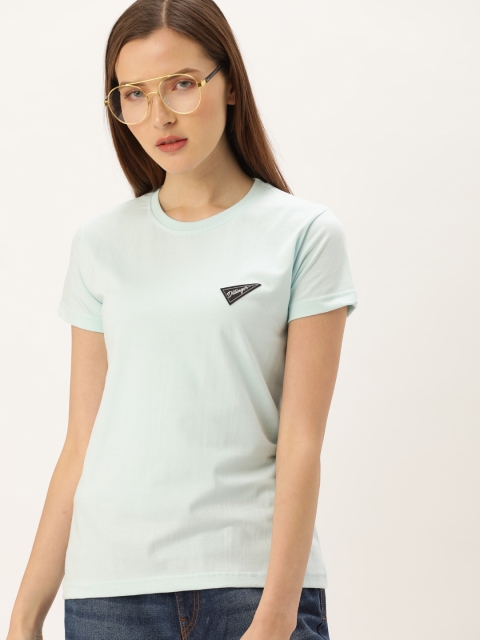 

DILLINGER Women Baby Blue Solid Round Neck Pure Cotton T-shirt