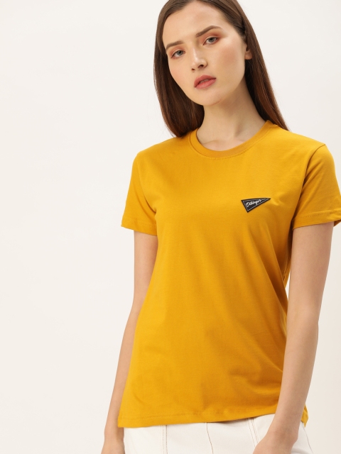 

DILLINGER Women Mustard Yellow Solid Round Neck Pure Cotton T-shirt