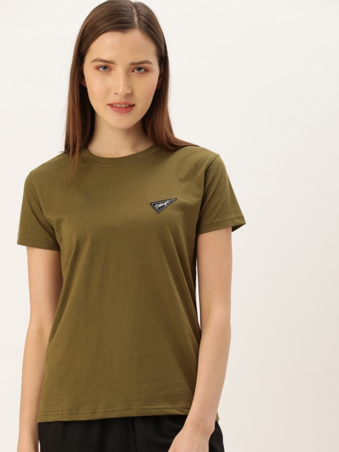 

DILLINGER Women Olive Green Solid Round Neck Pure Cotton T-shirt