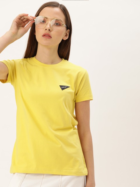 

DILLINGER Women Yellow Solid Round Neck Pure Cotton T-shirt