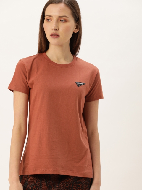

DILLINGER Women Brown Solid Round Neck Pure Cotton T-shirt