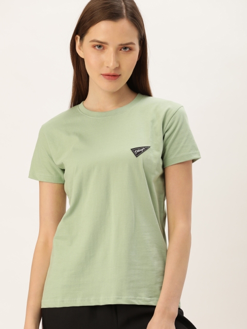 

DILLINGER Women Green Solid Round Neck Pure Cotton T-shirt