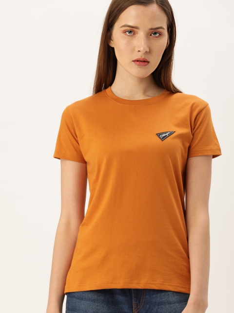 

DILLINGER Women Mustard Brown Solid Round Neck Pure Cotton T-shirt