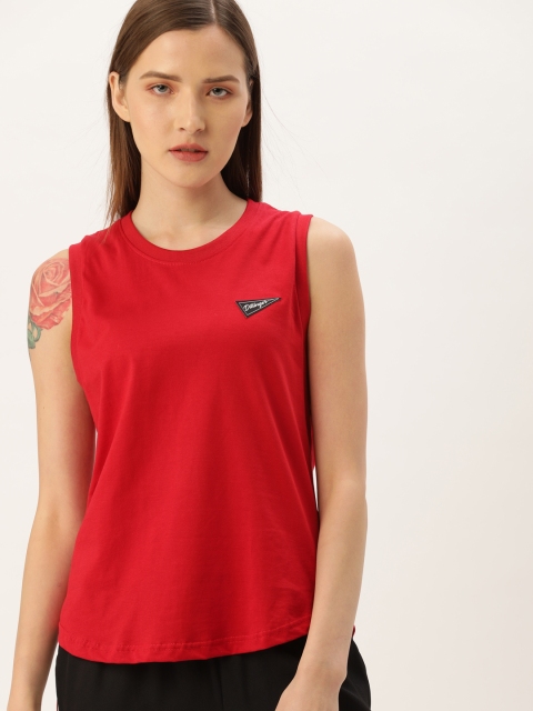 

DILLINGER Women Coral Red Solid Round Neck Pure Cotton T-shirt