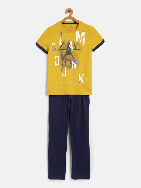 

Sweet Dreams Boys Mustard Yellow & Navy Blue Printed Night suit