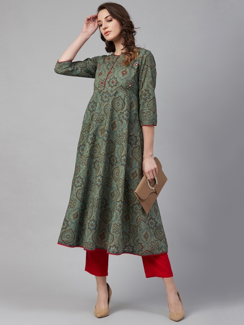 

Azira Women Olive Green & Black Printed Mirror-Work Empire Anarkali Kurta