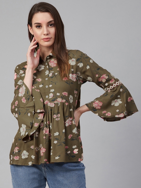 

Azira Women Olive Green & Pink Floral Print Shirt Style Top