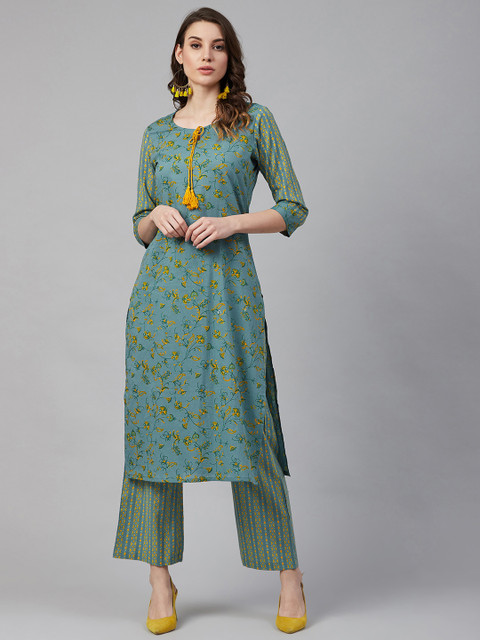 

Azira Women Green & Mustard Yellow Floral Printed Kurta with Palazzos