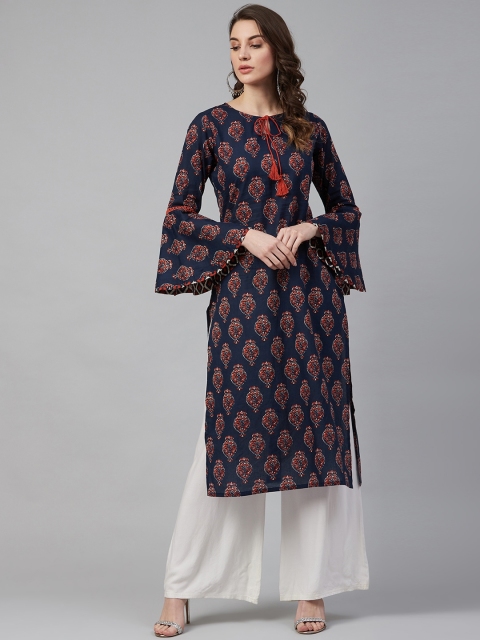 

Azira Women Navy Blue & Rust Orange Printed Straight Kurta