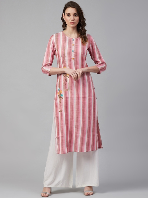 

Yufta Women Pink & White Striped Straight Kurta