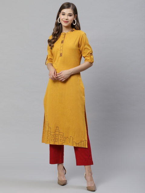 

Yufta Women Mustard Yellow Embroidered Straight Kurta