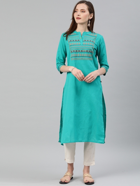 

Alena Women Turquoise Blue Embroidered Straight Kurta
