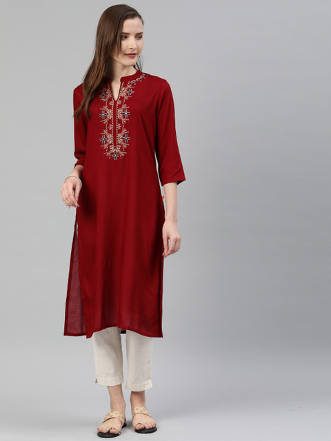 

Alena Women Maroon Embroidered Straight Kurta