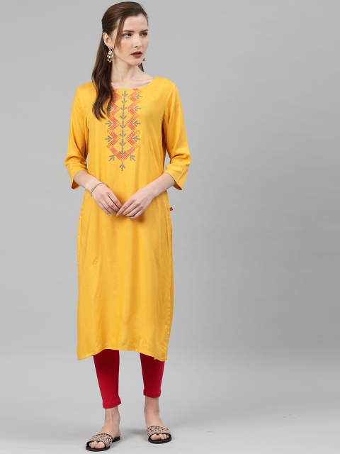 

Alena Women Mustard Yellow Embroidered Straight Kurta