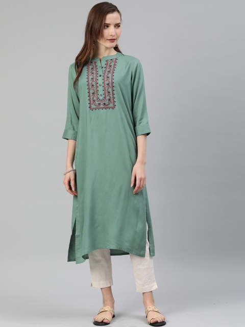 

Alena Women Green Embroidered Straight Kurta