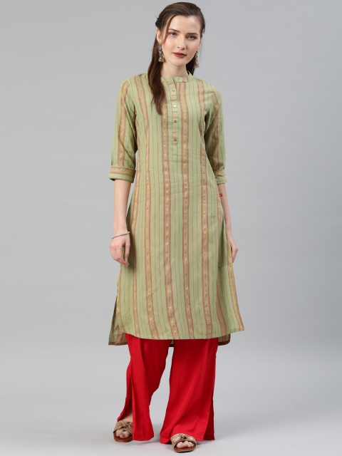 

Alena Women Green & Red Woven Design A-Line Kurta