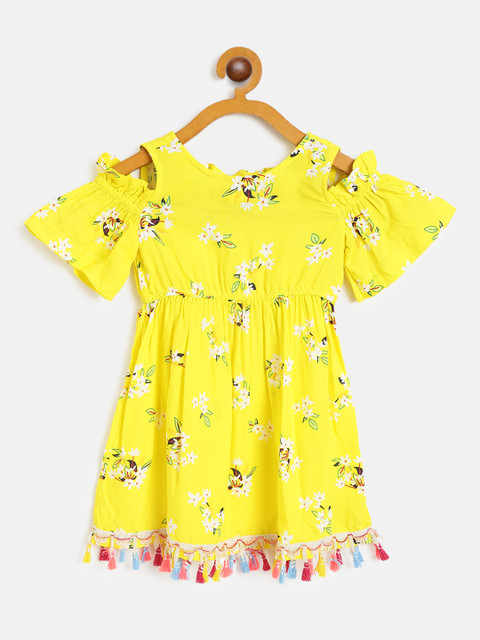 

pspeaches Girls Yellow & White Floral Print Cold-Shoulder A-Line Dress