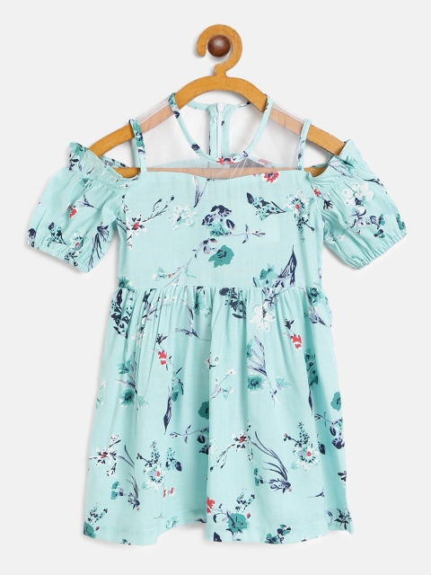 

pspeaches Girls Mint Green & Navy Blue Floral Print Cold-Shoulder A-Line Dress