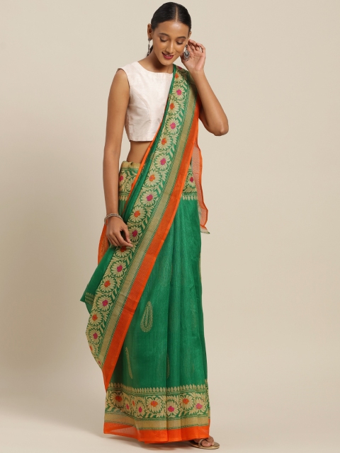 

Silk Bazar Green & Beige Silk Blend Paisley Printed Bhagalpuri Saree