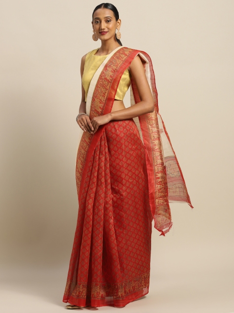

Silk Bazar Red & Beige Silk Blend Printed Bhagalpuri Saree