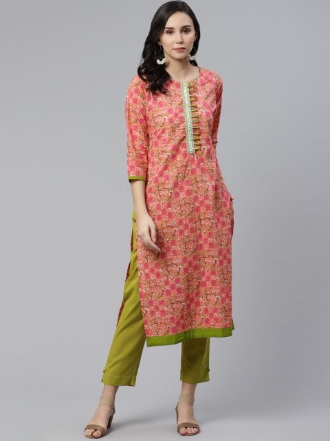 

Libas Women Peach-Coloured & Green Printed Straight Kurta