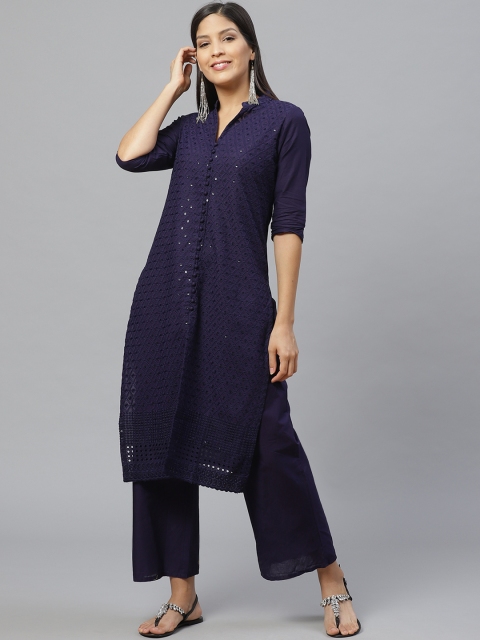 

Libas Women Navy Blue Embroidered Kurta with Palazzos