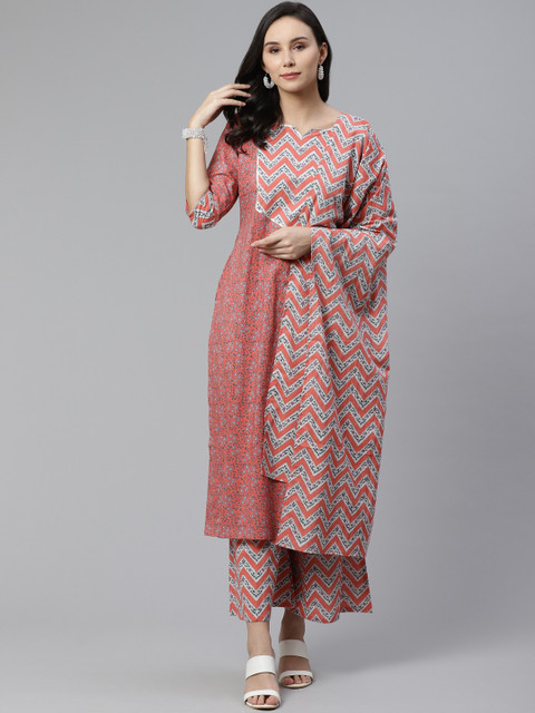 

Libas Women Peach-Coloured & Off-White Floral Print Kurta with Palazzos & Stole