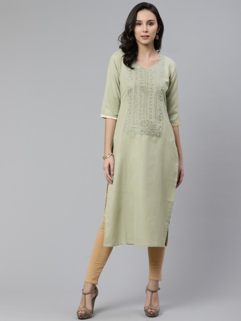

Libas Women Green Yoke Design Straight Kurta