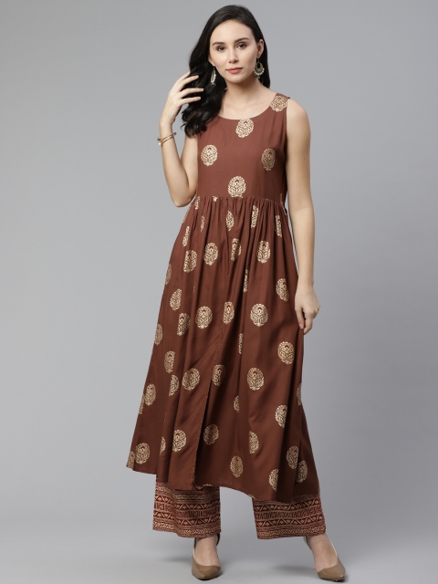 

Libas Women Brown & Maroon Block Print A-Line Kurta with Palazzo