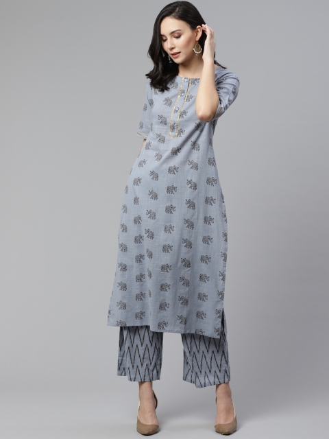 

Libas Women Blue & Charcoal Grey Quirky Print Straight Kurta with Palazzo