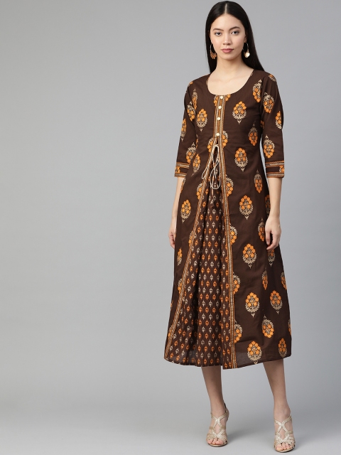 

Libas Women Coffee Brown & Mustard Yellow Printed Maxi Dress