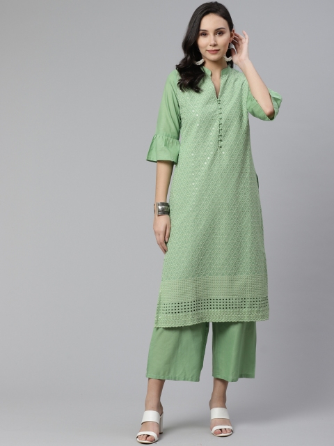 

Libas Women Green Schiffli Embroidered Straight Kurta with Palazzo