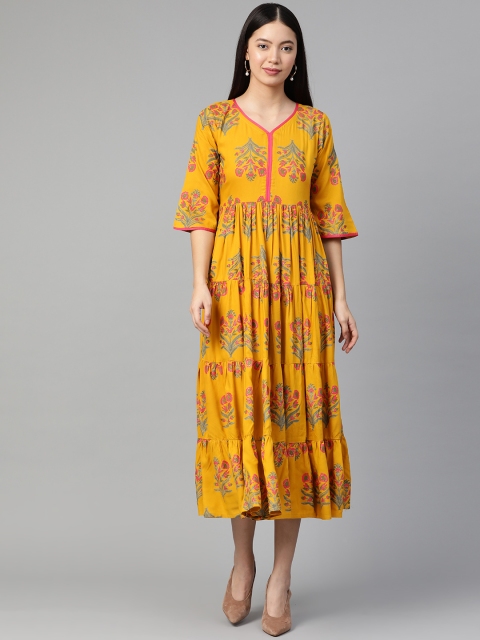 

Libas Women Mustard Yellow & Pink Printed Maxi Dress