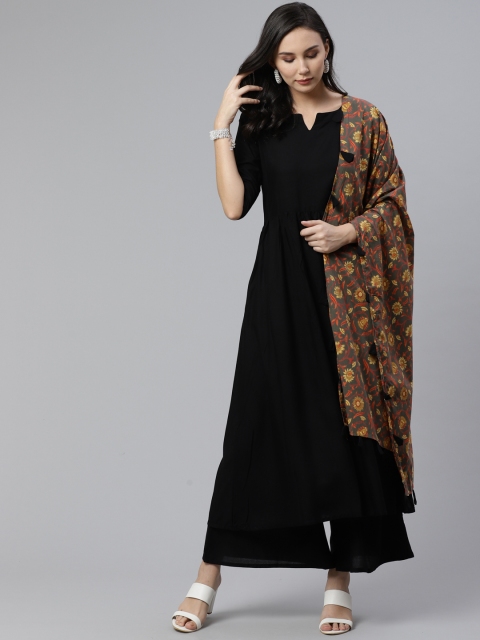 

Libas Women Black & Charcoal Grey Solid Kurta with Palazzos & Printed Dupatta
