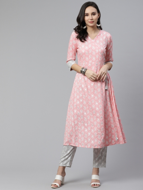 

Libas Women Pink & Grey Printed Angrakha A-Line Kurta with Trousers