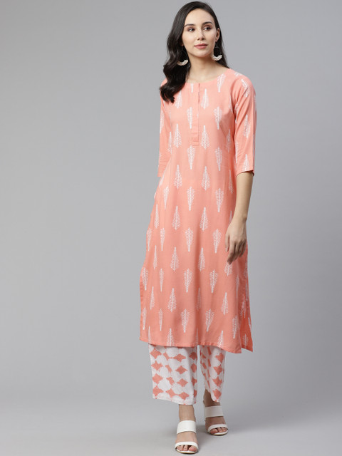 

Libas Women Peach-Coloured & Off-White Printed Straight Kurta with Palazzo