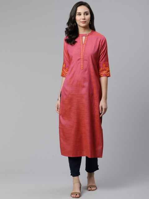 

Libas Women Coral Pink & Blue Dual-Toned Woven Design Straight Kurta