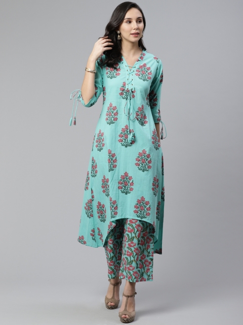 

Libas Women Blue & Pink Printed High-Low A-Line Kurta with Palazzo
