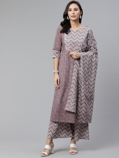 

Libas Women Grey & Pink Floral Print Kurta with Palazzos & Dupatta