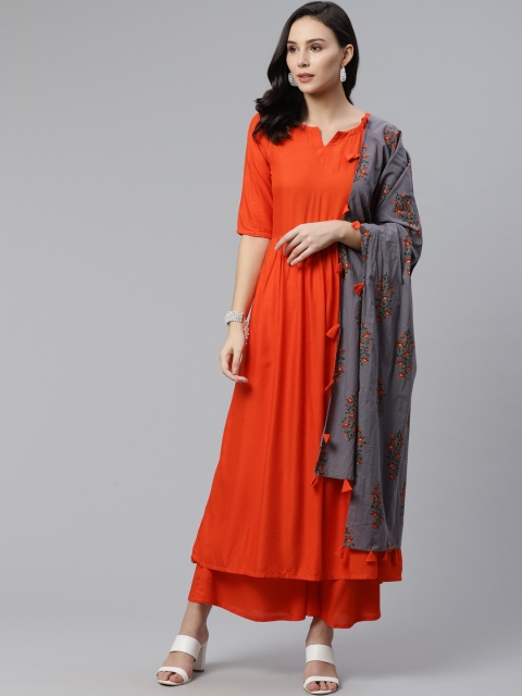 

Libas Women Orange & Grey Solid Anarkali Kurta with Palazzos & Dupatta