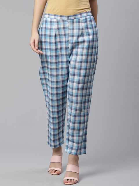 

Libas Women Blue & White Regular Fit Checked Regular Trousers