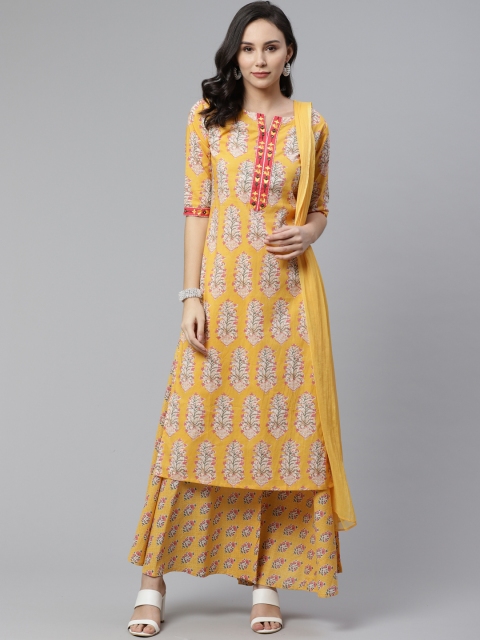 

Libas Women Yellow & Off-White Printed Kurta with Skirt & Dupatta