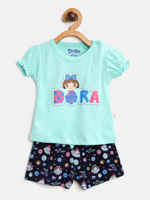 

Moms Love Girls Sea Green & Navy Blue Dora Printed Top with Shorts