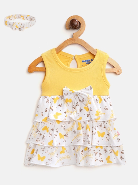 

Moms Love Girls Yellow &White Floral Printed Tiered A-Line Dress With Hairband
