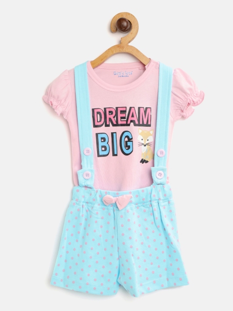 

Moms Love Girls Pink & Blue Printed Top & Shorts With Suspenders