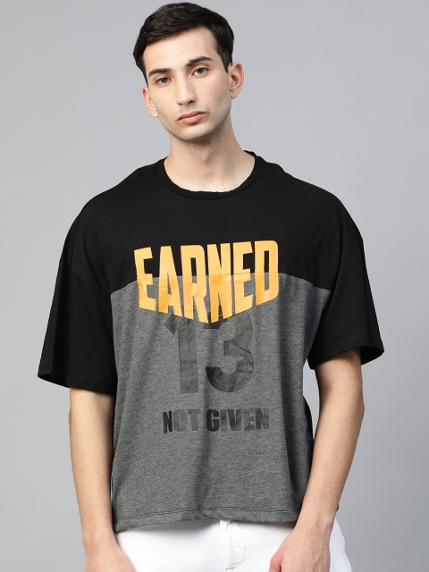

HRX by Hrithik Roshan Men Charcoal Grey & Black Colourblocked Round Neck T-shirt