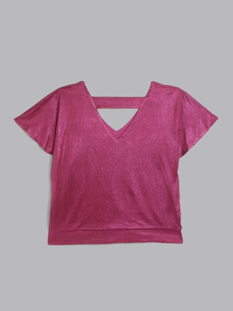 

DOROTHY PERKINS Women Pink Shimmer Effect Extended Sleeves Styled Back Top